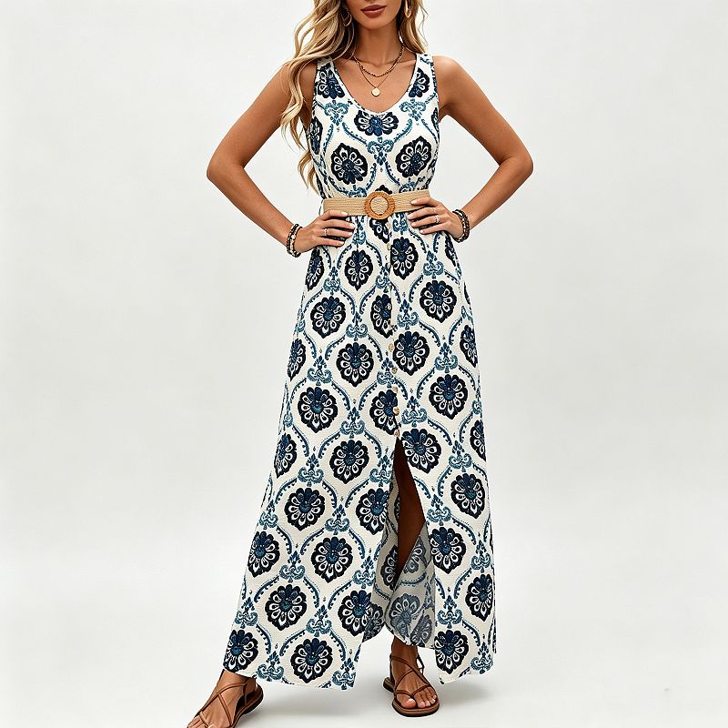 Women Summer v-Neck Sleeveless Front-Slit Boho Maxi Dress Beach Vacation Sundresses