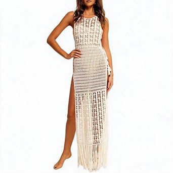 Women Crochet Swim Cover‑Up Sleeveless Fringe Hem Side Slit Maxi Dress