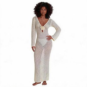Women Crochet Swim Cover‑Up Maxi Dress Long Sleeve 3D Floral V‑Neck Beach Dress