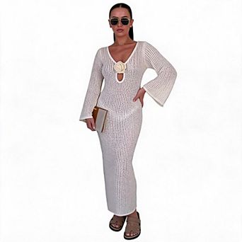 Women Crochet Swim Cover‑Up Maxi Dress Long Sleeve 3D Floral V‑Neck Beach Dress
