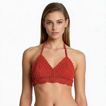 Women Crochet Halter Bikini Top Hand‑Knitted Lace Trim Swim Top