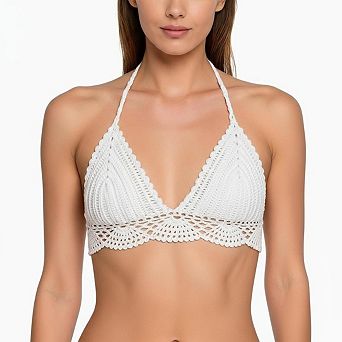 Women Crochet Halter Bikini Top Hand‑Knitted Lace Trim Swim Top