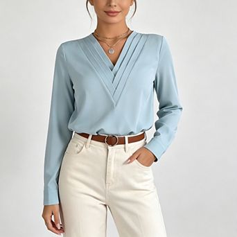 Women's v‑Neck Pleated Long Sleeve Blouse, Elegant Business Office Casual Top