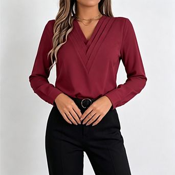 Women's v‑Neck Pleated Long Sleeve Blouse, Elegant Business Office Casual Top