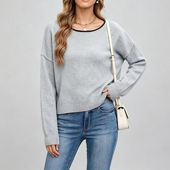 Women Fall Oversized Cropped Winter Solid Color Sweaters Crew Neck Lightweight Knit Pullover Tops