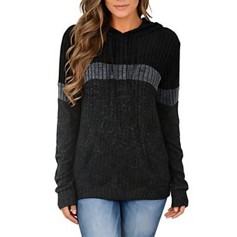 Women's Color Block Knit Hoodie Casual Long Sleeve Drawstring Pullover Sweatshirt Tops with Pocket