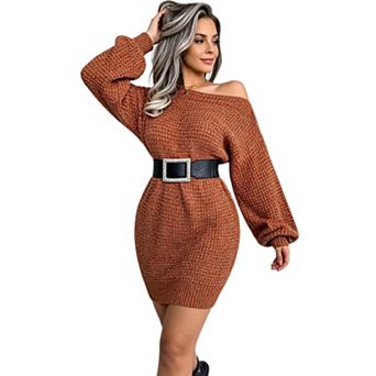 Women Off Shoulder Long Sleeve Knit Mini Dress