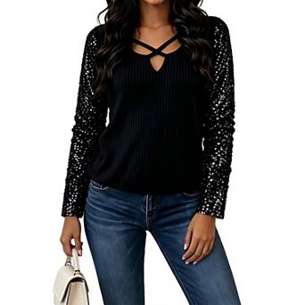 Womens Patchwork v Neck Long Sleeve Pullover Tops Casual Solid Shirts Lightweight Fall Winter Blouse