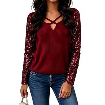 Womens Patchwork v Neck Long Sleeve Pullover Tops Casual Solid Shirts Lightweight Fall Winter Blouse