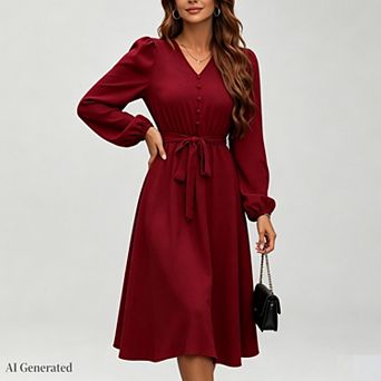 Women Long Sleeve Midi Casual Shirt Dress V Neck Button Down Work Dress