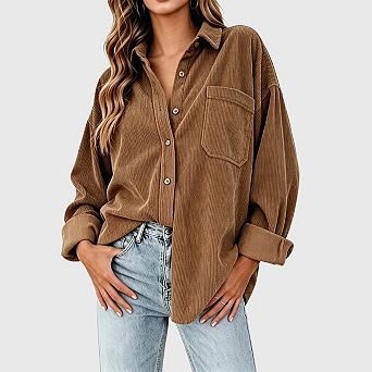 Womens Corduroy Shirt Oversized Button Up Blouse Collared V Neck Long Sleeve Loose Shacket Top