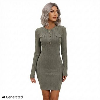 Women’S Solid Color Bodycon Knit Dress, Round Neck Button Decor Slim‑Fit Elastic Ladies Outfit