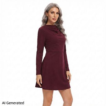 Women’S Mock Neck Ruched A‑Line Mini Dress, Long Sleeve Elegant Wedding Guest Ladies Outfit