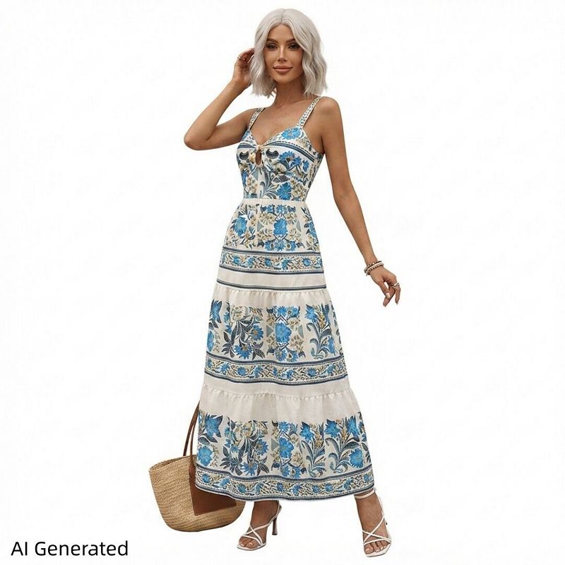 Women'S Sweetheart Neck Tiered Maxi Dress, Floral Spaghetti Strap Flowy Beach Vacation Outfit