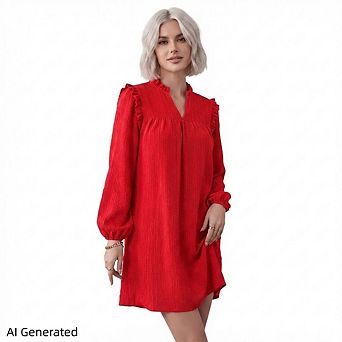 Women’S V‑Neck Ruffle Babydoll Mini Dress,Long Sleeve Flowy Boho Summer Beach Vacation Sundress