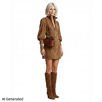 Women’S Stand‑Collar Half‑Zip Faux Suede Mini Dress, Long‑Sleeve Loose Fit Casual Ladies Outfit