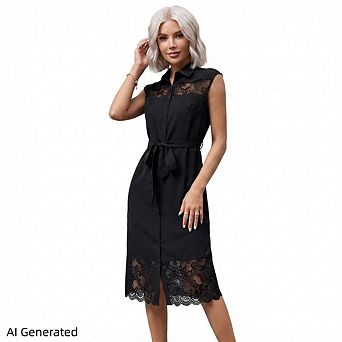 Women’S Sleeveless Lace‑Paneled Bodycon Dress, Belted Slim Fit Club Party Ladies Outfit