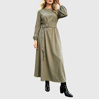 Womens Plus Size Maxi Dress Casual Fall Crew Neck Puff Long Sleeve Loose a Line Work Dress with Tie