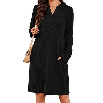 Womens Long Sleeve V Neck Elegant Casual Loose Shirt Dresses with Pockets
