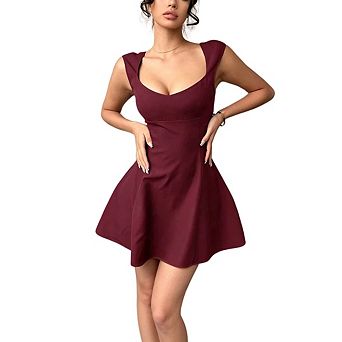 Women's Crew Neck Sleeveless Slim Fit High Waisted A Line Cocktail Mini Dress