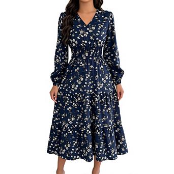 Women Floral Dress v‑Neck Long Sleeve Smocked Waist Tiered Ruffle Flowy Boho Casual Party Dresses