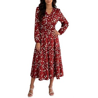 Women Floral Dress v‑Neck Long Sleeve Smocked Waist Tiered Ruffle Flowy Boho Casual Party Dresses