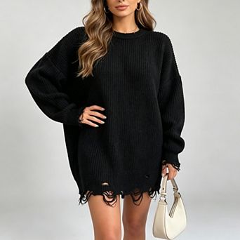 Women Crew Neck Batwing Long Sleeve Ripped Sweater Dresses Chunky Ribbed Knit Pullover Sweater
