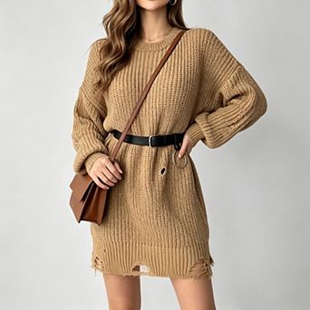 Women Crew Neck Batwing Long Sleeve Ripped Sweater Dresses Chunky Ribbed Knit Pullover Sweater