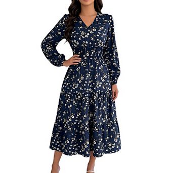 Women's Floral Boho Long Sleeve Maxi Dress v Neck Waist Swing Flowy Wedding Guest Dress