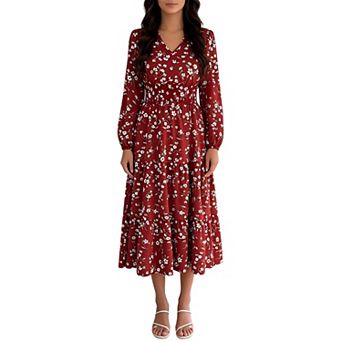 Women's Floral Boho Long Sleeve Maxi Dress v Neck Waist Swing Flowy Wedding Guest Dress