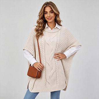 Women's Turtleneck Cable Knit Sweater Vest Short Sleeve Oversized Batwing Side Split Pullover Cloak