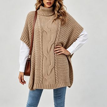Women's Turtleneck Cable Knit Sweater Vest Short Sleeve Oversized Batwing Side Split Pullover Cloak