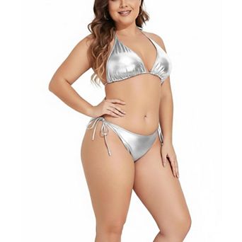 Plus Size Metallic 2 pc Bikini Set Halter Side‑Tie Two‑Piece Bathing Suit for Beach Pool