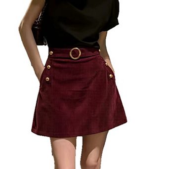 Women Corduroy a‑Line Skirt High Waist Gold Ring Buckle Button Decor Casual Short Skirt with Pockets