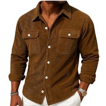 Men's Corduroy Button-Down Shirt Loose Fit Long Sleeve Casual