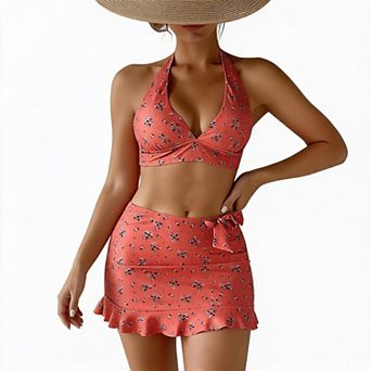 Women 3 pc Ditsy Floral Bikini Set Halter Top Bottom Ruffle Swim Skirt Bathing Suit