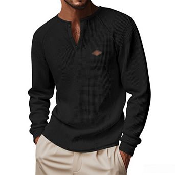 Men's Waffle Knit Henley Shirt Long Sleeve Button Up Casual