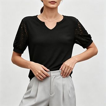 Womens Summer Lace Short‑Sleeve v‑Neck t‑Shirt, Casual Loose Fit Blouse Tops