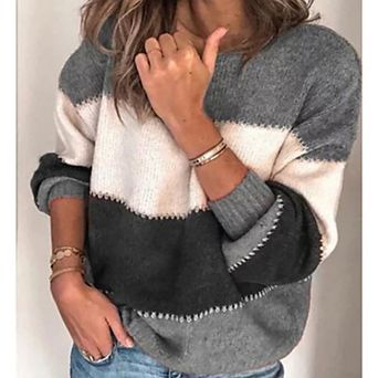 Women's Color Block Crewneck Sweater Patchwork Knit Long Sleeve Top Fall Winter Pullover Sweater