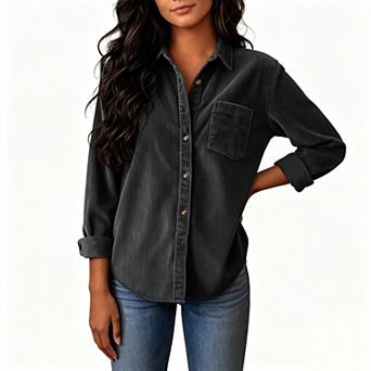 Womens Corduroy Soft Shirt Fall Long Sleeve Casual Button Down Collared Vintage Dressy Blouses