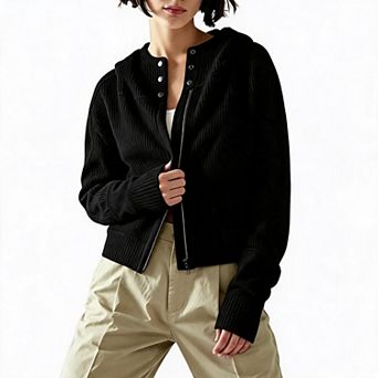 Women's Short Zip‑Up Hooded Cropped Jacket Long‑Sleeve Loose Casual Outerwear