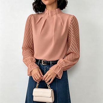 Women's Puff Long Sleeve Blouse, Ruffle Mock Neck Chiffon Work Office Top