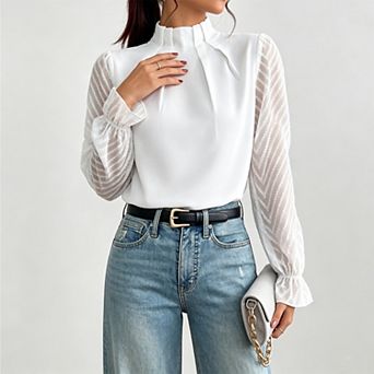 Women's Puff Long Sleeve Blouse, Ruffle Mock Neck Chiffon Work Office Top