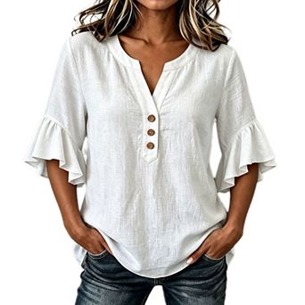 Women's Casual Ruffle 3/4 Sleeve Henley V Neck Blouse Loose Fit T‑Shirt Top With Button