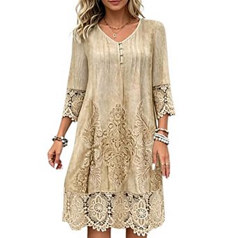 Women's Boho V Neck Midi Dress 3/4 Lace Sleeve Embroidery Loose‑Fit Crochet Hem Casual Tunic Dress