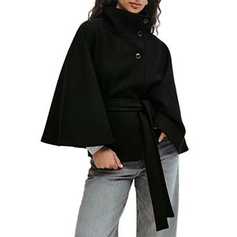 Women's Elegant Stand Collar Cape Coat Belted Waist Button Front Short Poncho Jacket Outerwear