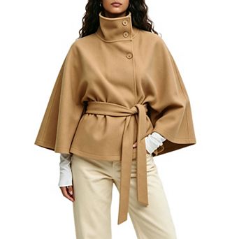 Women's Elegant Stand Collar Cape Coat Belted Waist Button Front Short Poncho Jacket Outerwear