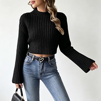 Womens Bell Long Sleeve Tops Half-High Neck Short Cropped Knit Sweaters