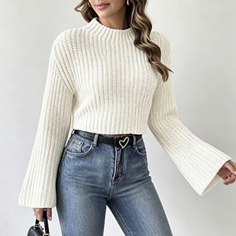 Womens Bell Long Sleeve Tops Half-High Neck Short Cropped Knit Sweaters