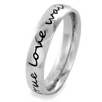 Polished 'True Love Waits' Cursive Script Stainless Steel Ring (4mm)